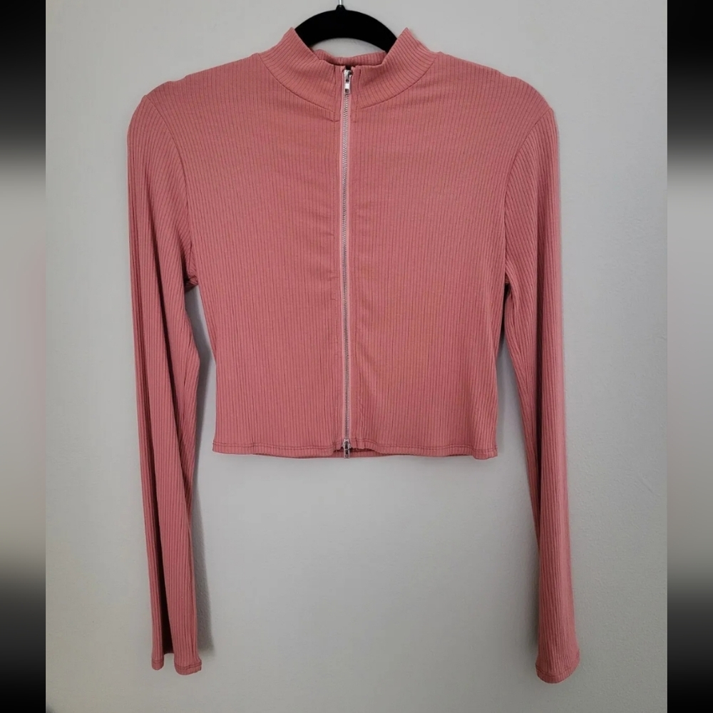 Doll's Kill Blush Pink Long Sleeve Mock Neck Double Zip Up Crop Top - Size Large